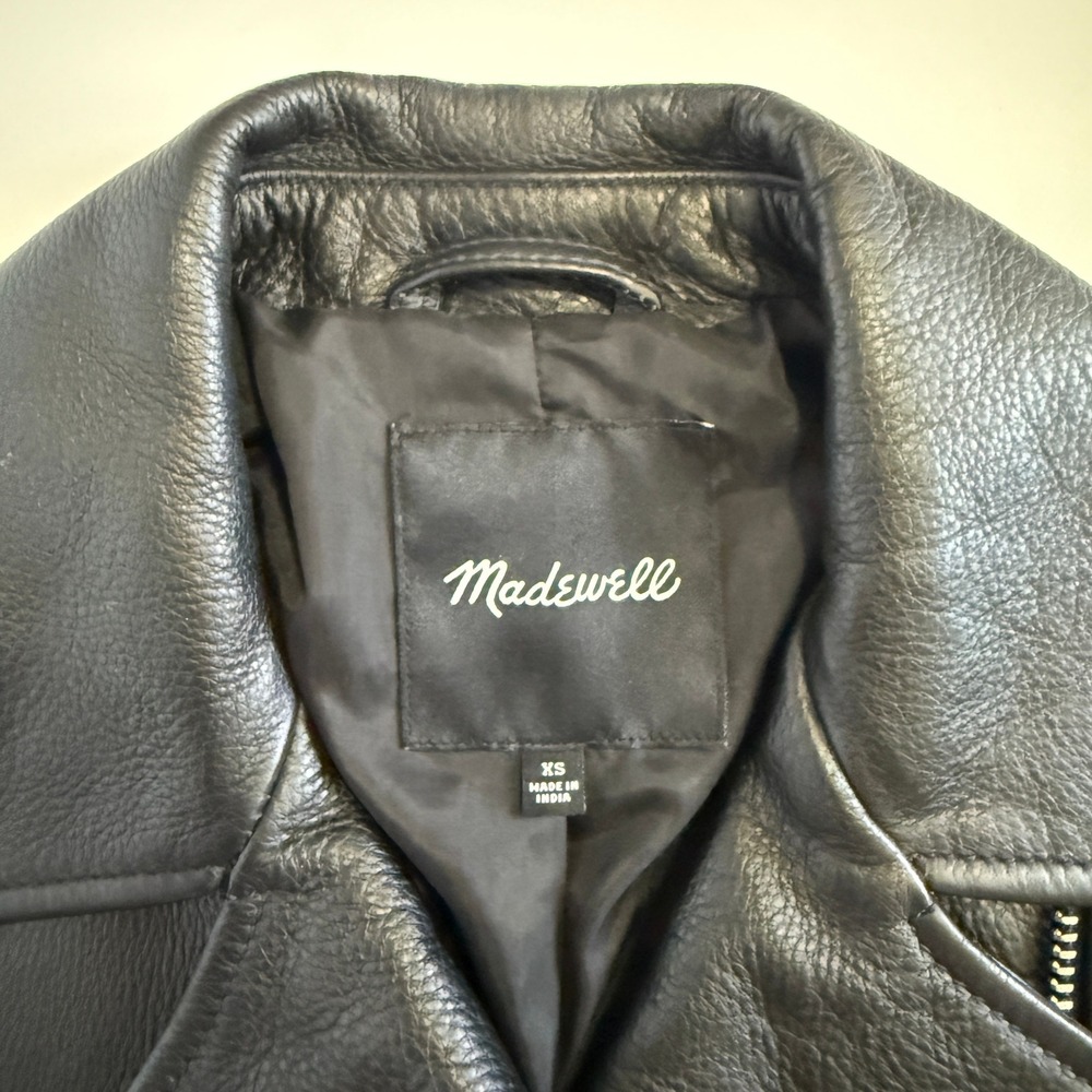 Madewell Washed Leather Motorcycle Jacket Black B0648 XS Womens Biker Belted - Picture 5 of 12